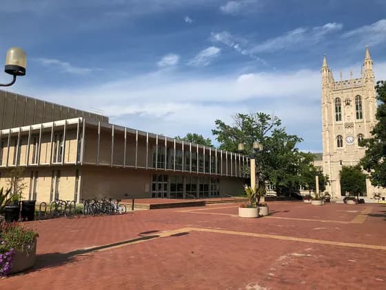 University of Missouri-Columbia School of Medicine (MD) — The Fine Arts Building and Memorial Student Union from Lowry Mall…