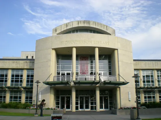 UH Fertitta Family College of Medicine (MD) — A close-up view of the front entrance to the University of Houston's M.D.…