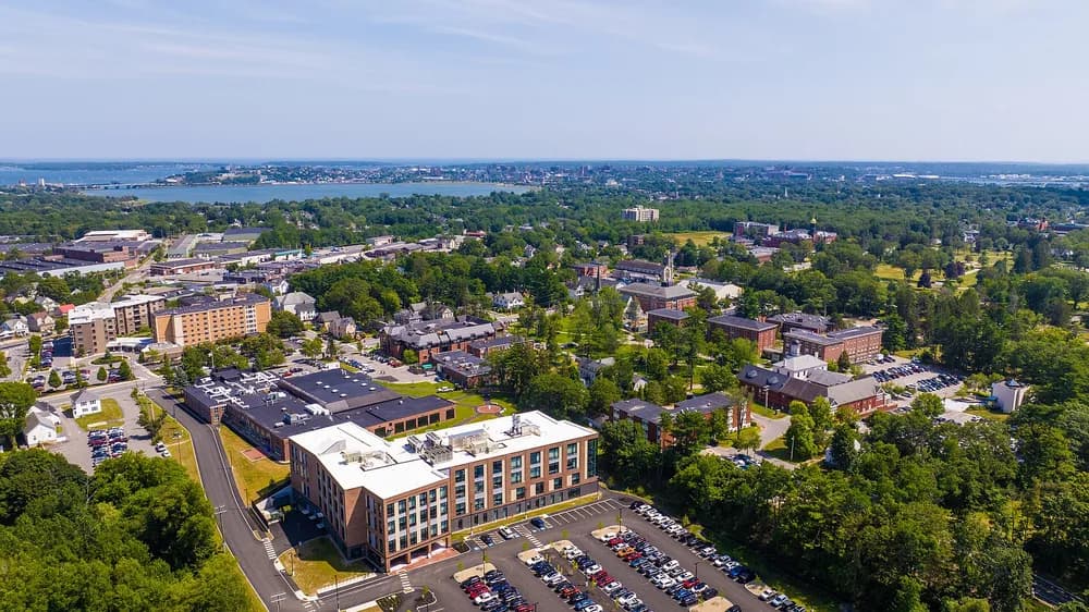 UNE COM (DO) — Summer aerial view of the University of New England Portland Campus for Health Sciences in Portland