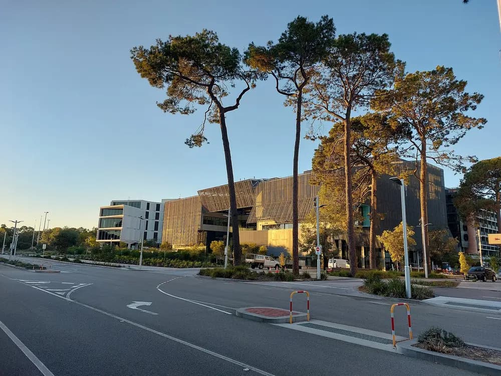 Curtin University Building 410 (the Medical School) and Building 418, photographed from University Boulevard, Bentley, Western Australia in warm early-morning light.