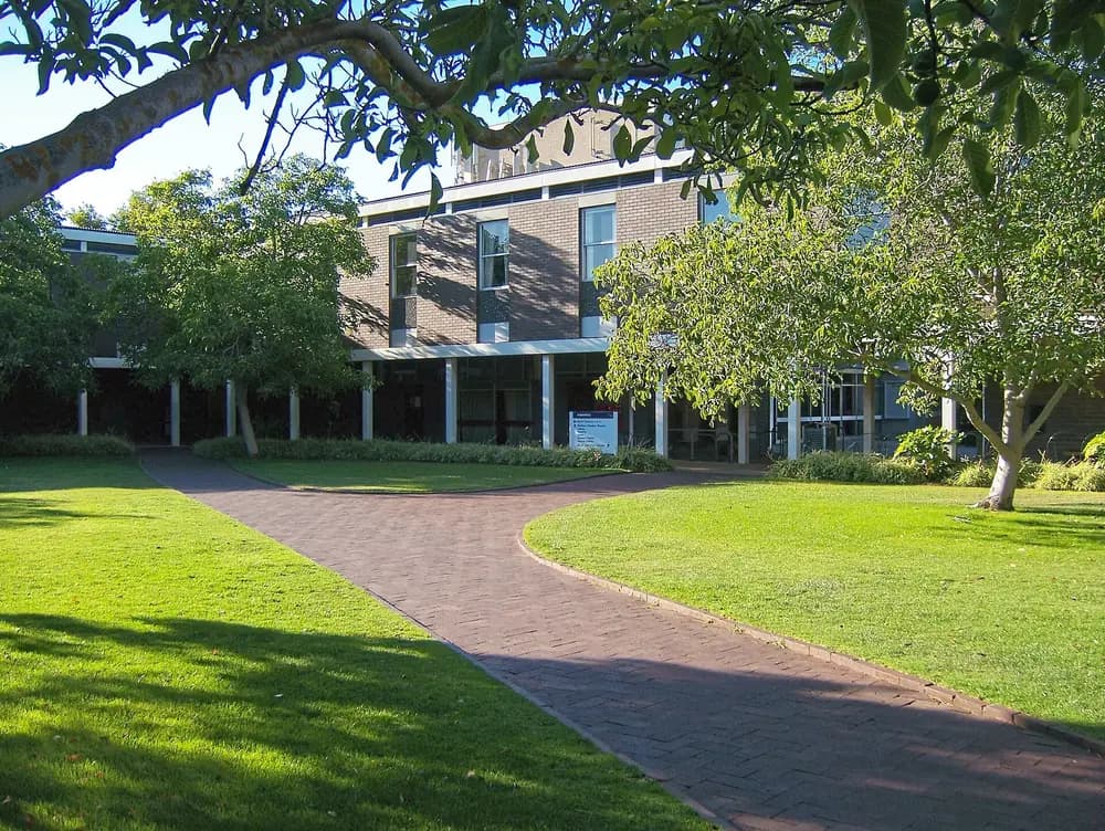 Daytime exterior of a Flinders University building at the Bedford Park campus (Adelaide, South Australia) — the campus that hosts the College of Medicine and Public Health — with a curving brick path across a green lawn and tree framing.