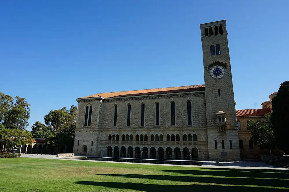 Winthrop Hall with its iconic clock tower, the landmark main building of the University of Western Australia (UWA), Crawley/Perth, Western Australia — the host university of UWA Medical School.